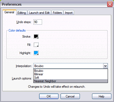 See the Fireworks preferences panel with the drop-down options to select Nearest Neighbor